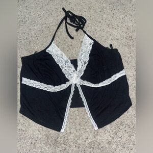 Black tiny little top halter top cropped tank top with white lace trim very YTK